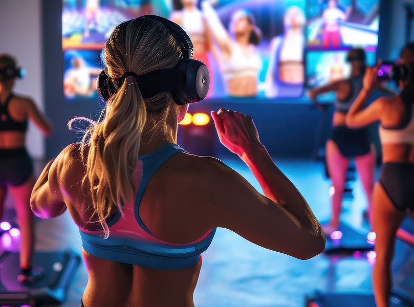 Virtual fitness studio with live class streaming and workout tracking, virtual fitness