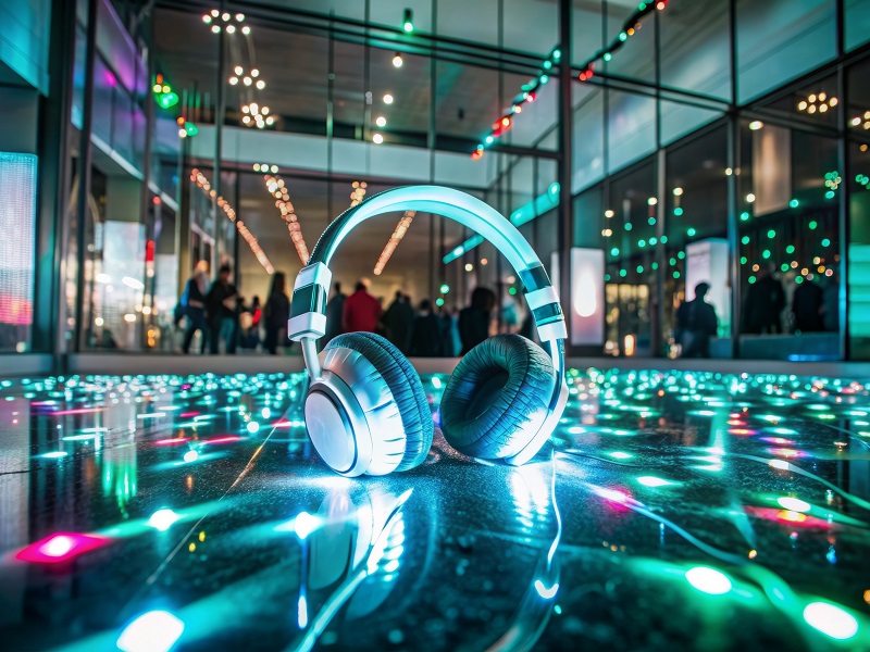 Vibrant lights illuminate a trendy modern setting with multicolored headphones scattered across an empty floor, capturing the essence of a lively silent disco.